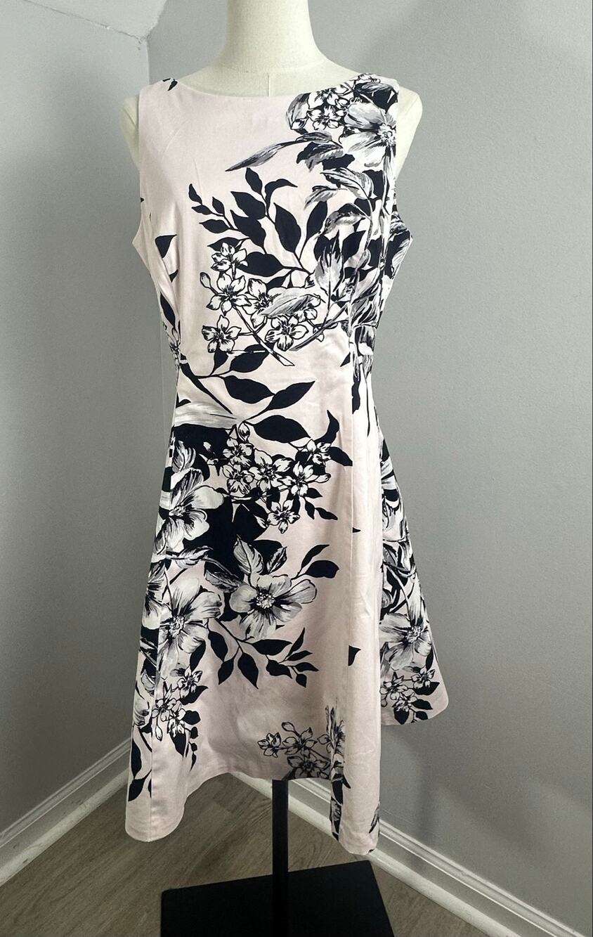 Lauren Ralph Lauren Pink Black Graphic Floral A-Line Dress Sz 10 Wedding Guest